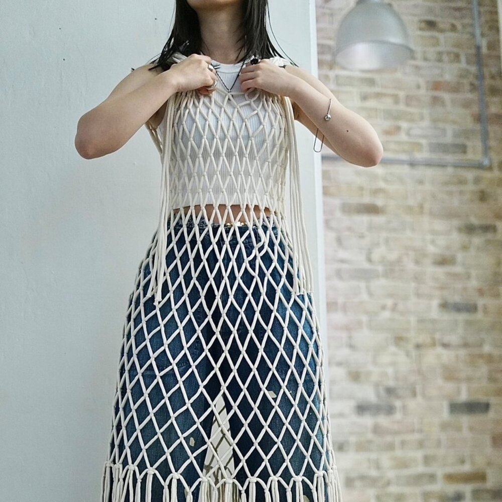 NEW Cream Bohemian Macrame ROPE NET DRESS